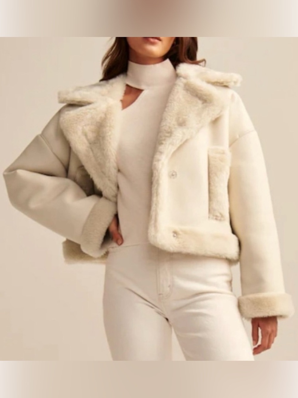 Abercrombie & Fitch Vegan Faux Leather Sherpa Trim Oversized Coat Cream Large